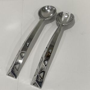 Mod Silver Tone Serving Fork & Spoon Set White Stone Shell Inlay Made in India